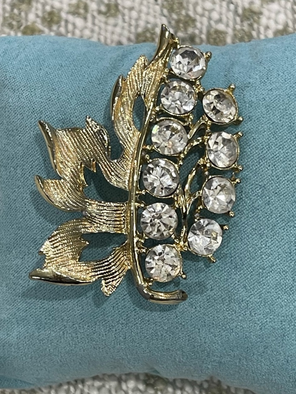 Gold-Tone Crystal Leaf Brooch - Clear Rhinestones